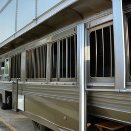 A penitentiary bus with sturdy structure, strong bars on the windows, and a rough-and-ready design to ensure utmost security.