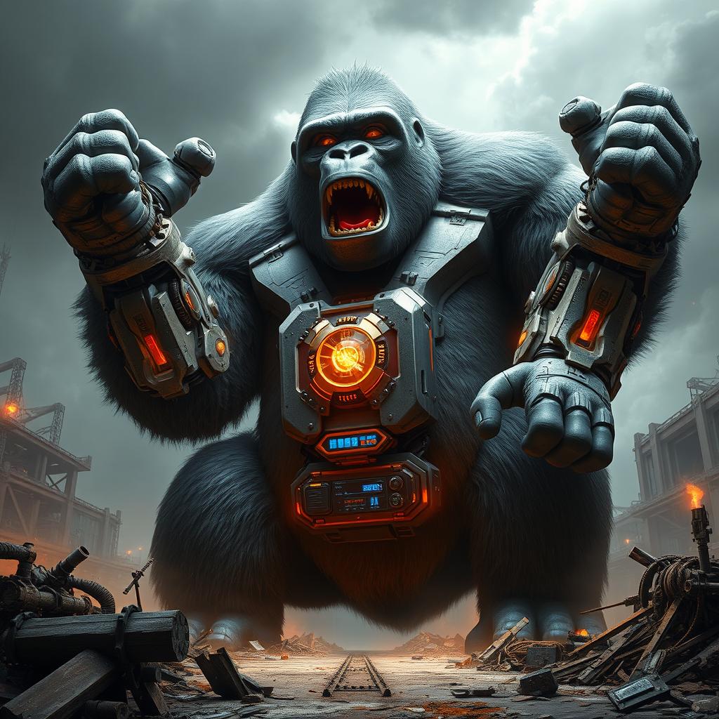 A stunning depiction of a colossal gorilla, towering above the surroundings, with impressive biomechanical arms that showcase intricate mechanical designs and pulsing lights