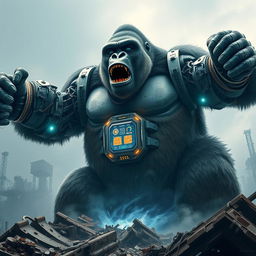 A stunning depiction of a colossal gorilla, towering above the surroundings, with impressive biomechanical arms that showcase intricate mechanical designs and pulsing lights