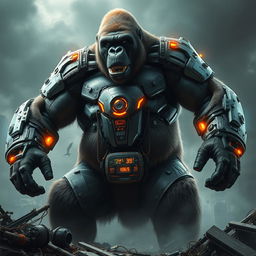 A stunning depiction of a colossal gorilla, towering above the surroundings, with impressive biomechanical arms that showcase intricate mechanical designs and pulsing lights