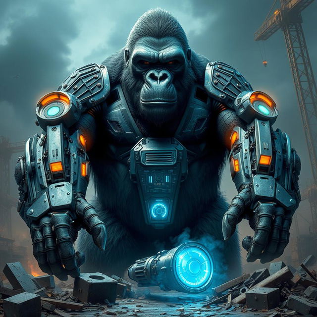 A stunning depiction of a colossal gorilla, towering above the surroundings, with impressive biomechanical arms that showcase intricate mechanical designs and pulsing lights