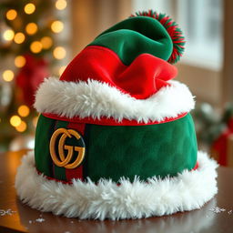 A stylish Gucci Christmas hat featuring the iconic green and red color scheme, adorned with the distinctive interlocking G logo