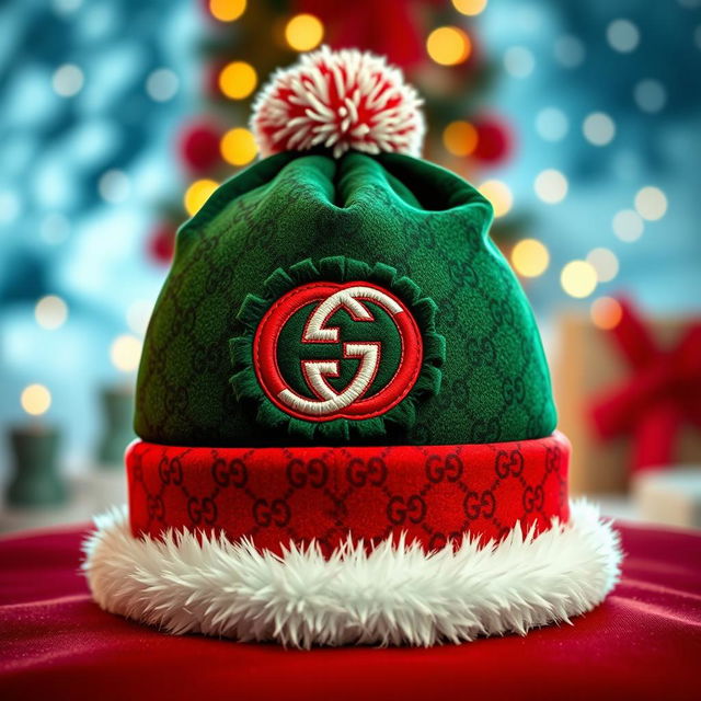 A stylish Gucci Christmas hat featuring the iconic green and red color scheme, adorned with the distinctive interlocking G logo