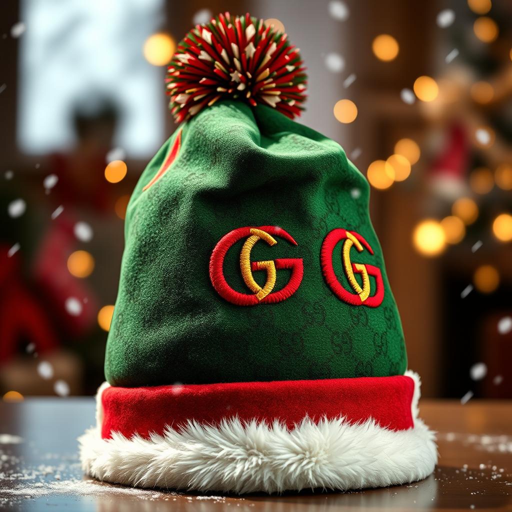 A stylish Gucci Christmas hat featuring the iconic green and red color scheme, adorned with the distinctive interlocking G logo