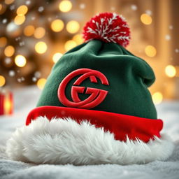 A stylish Gucci Christmas hat featuring the iconic green and red color scheme, adorned with the distinctive interlocking G logo