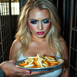 A beautiful, curvy 19-year-old woman with long blonde hair, showcasing bright facial makeup featuring frosted pastel blue eyeshadow, thick black eyeliner, long black mascara-covered lashes, and vibrant pink lipstick