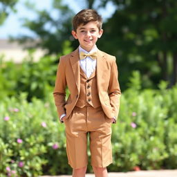 A stylish teenage boy dressed in a tailored short trousered suit, featuring a crisp white shirt, knee-length socks, and a playful bowtie