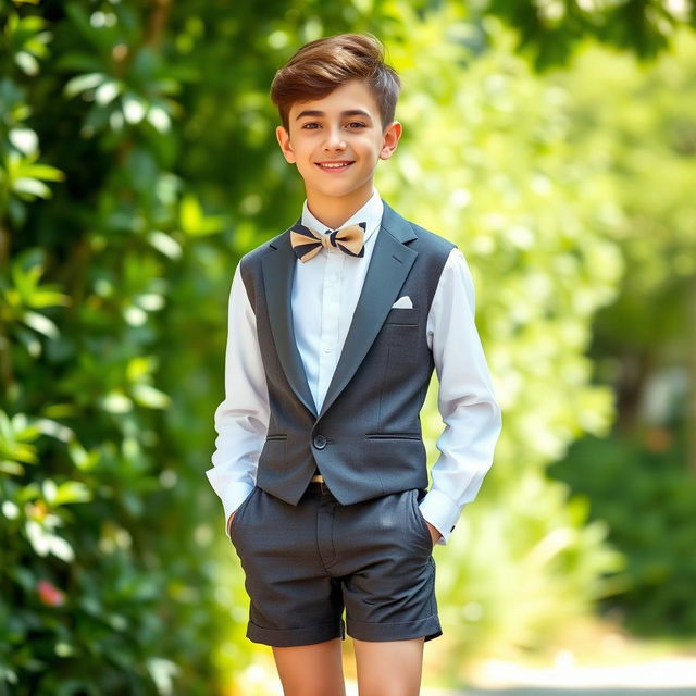 A stylish teenage boy dressed in a tailored short trousered suit, featuring a crisp white shirt, knee-length socks, and a playful bowtie