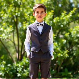 A stylish teenage boy dressed in a tailored short trousered suit, featuring a crisp white shirt, knee-length socks, and a playful bowtie
