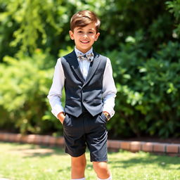 A stylish teenage boy dressed in a tailored short trousered suit, featuring a crisp white shirt, knee-length socks, and a playful bowtie