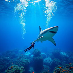 An exhilarating underwater scene where Ant-Man dives into the deep blue ocean, surrounded by clear water that captures the play of light above