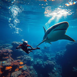 An exhilarating underwater scene where Ant-Man dives into the deep blue ocean, surrounded by clear water that captures the play of light above