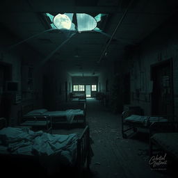 An abandoned hospital interior, shrouded in eerie silence and darkness