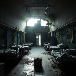 An abandoned hospital interior, shrouded in eerie silence and darkness