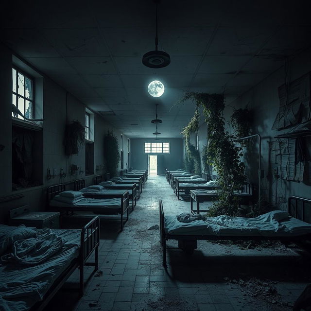 An abandoned hospital interior, shrouded in eerie silence and darkness