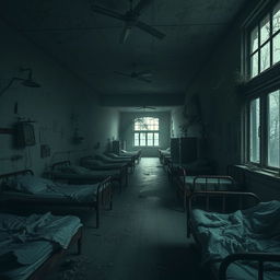 An abandoned hospital interior, shrouded in eerie silence and darkness