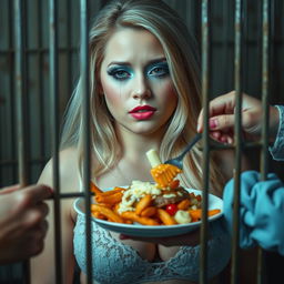 A beautiful, curvy 19-year-old woman with long blonde hair, characterized by bright and striking facial makeup, including frosted pastel blue eyeshadow, thick black eyeliner, voluminous black mascara-coated lashes, and vibrant pink lipstick