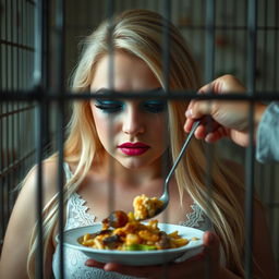 A beautiful, curvy 19-year-old woman with long blonde hair, characterized by bright and striking facial makeup, including frosted pastel blue eyeshadow, thick black eyeliner, voluminous black mascara-coated lashes, and vibrant pink lipstick