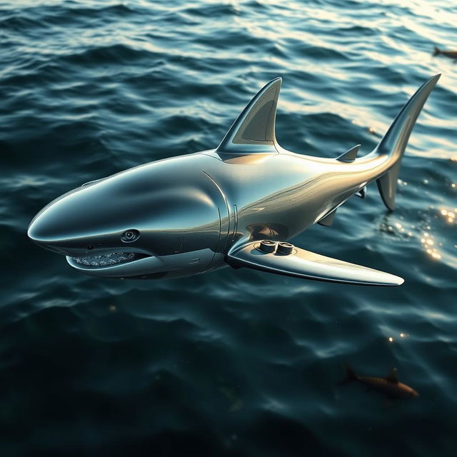 An innovative and futuristic design of a metallic shark, showcasing sleek lines and a shiny surface reflecting light like chrome