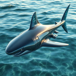 An innovative and futuristic design of a metallic shark, showcasing sleek lines and a shiny surface reflecting light like chrome