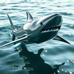 An innovative and futuristic design of a metallic shark, showcasing sleek lines and a shiny surface reflecting light like chrome