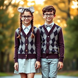 A stylish portrait of a 16-year-old boy and girl, both dressed in matching argyle cardigans over white shirts