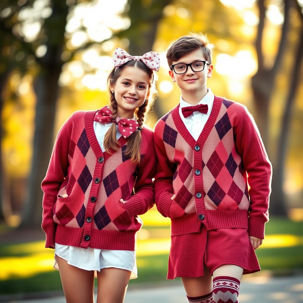 A stylish portrait of a 16-year-old boy and girl, both dressed in matching argyle cardigans over white shirts