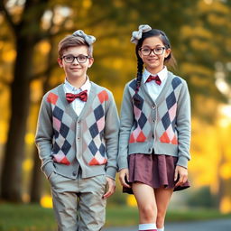 A stylish portrait of a 16-year-old boy and girl, both dressed in matching argyle cardigans over white shirts