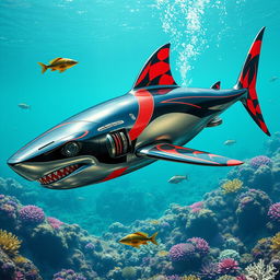 An imaginative and vibrant design of a metallic shark, featuring eye-catching ant-man inspired color patterns on its quantum fins, blending hues of red and black in a full color match style
