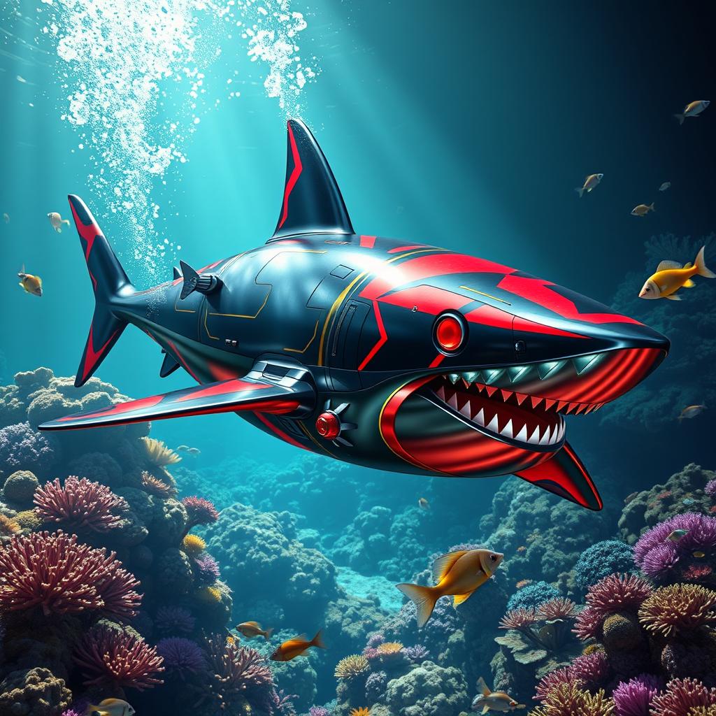 An imaginative and vibrant design of a metallic shark, featuring eye-catching ant-man inspired color patterns on its quantum fins, blending hues of red and black in a full color match style