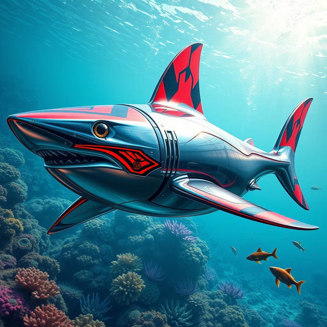 An imaginative and vibrant design of a metallic shark, featuring eye-catching ant-man inspired color patterns on its quantum fins, blending hues of red and black in a full color match style