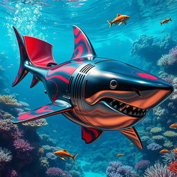 An imaginative and vibrant design of a metallic shark, featuring eye-catching ant-man inspired color patterns on its quantum fins, blending hues of red and black in a full color match style