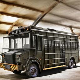 A penitentiary bus with sturdy structure, strong bars on the windows, and a rough-and-ready design to ensure utmost security.