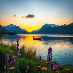 A serene landscape depicting a peaceful lake at sunset, with vibrant colors reflecting off the water