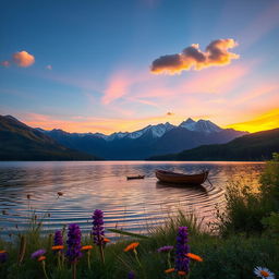 A serene landscape depicting a peaceful lake at sunset, with vibrant colors reflecting off the water