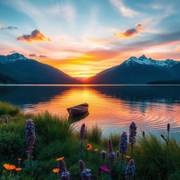 A serene landscape depicting a peaceful lake at sunset, with vibrant colors reflecting off the water