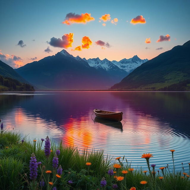 A serene landscape depicting a peaceful lake at sunset, with vibrant colors reflecting off the water