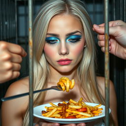 A beautiful, voluptuous 19-year-old woman with long blonde hair, showcasing vibrant facial makeup that includes frosted pastel blue eyeshadow, thick black eyeliner, eye-catching black mascara, and bold pink lipstick