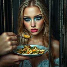 A stunning 19-year-old woman with long blonde hair, showcasing a vibrant and eye-catching makeup look featuring frosted pastel blue eyeshadow, thick black eyeliner, lush black mascara, and bright pink lipstick