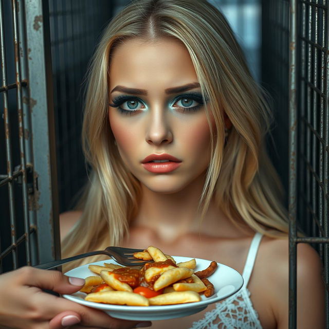 A stunning 19-year-old woman with long blonde hair, showcasing a vibrant and eye-catching makeup look featuring frosted pastel blue eyeshadow, thick black eyeliner, lush black mascara, and bright pink lipstick