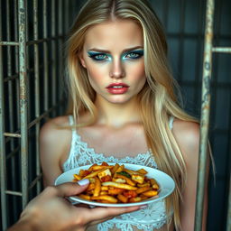 A stunning 19-year-old woman with long blonde hair, showcasing a vibrant and eye-catching makeup look featuring frosted pastel blue eyeshadow, thick black eyeliner, lush black mascara, and bright pink lipstick
