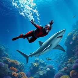 A thrilling underwater illustration featuring a large-sized Ant-Man diving into the ocean, with his striking red and black suit prominently visible against the blue water