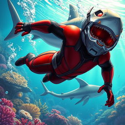 A thrilling underwater illustration featuring a large-sized Ant-Man diving into the ocean, with his striking red and black suit prominently visible against the blue water