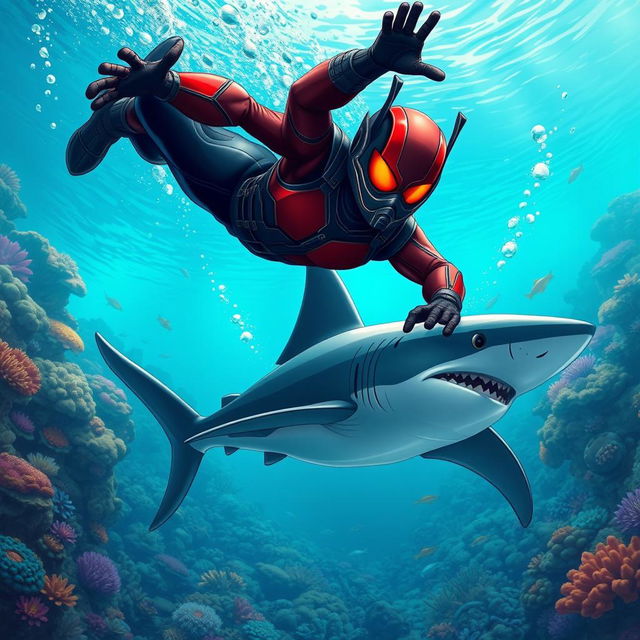 A thrilling underwater illustration featuring a large-sized Ant-Man diving into the ocean, with his striking red and black suit prominently visible against the blue water