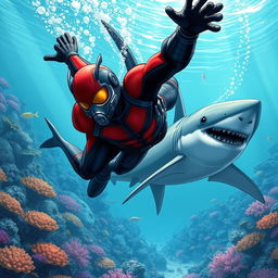 A thrilling underwater illustration featuring a large-sized Ant-Man diving into the ocean, with his striking red and black suit prominently visible against the blue water