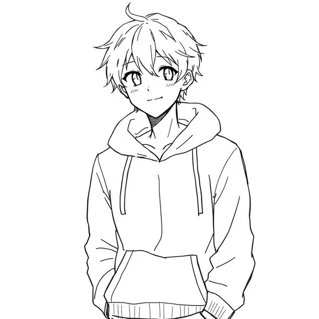 A simple sketch of a male anime character wearing a hoodie