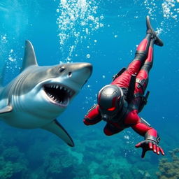 A dynamic and intense underwater scene featuring a large-sized Ant-Man in his iconic red and black suit, diving into the ocean