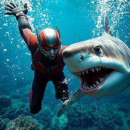 A dynamic and intense underwater scene featuring a large-sized Ant-Man in his iconic red and black suit, diving into the ocean