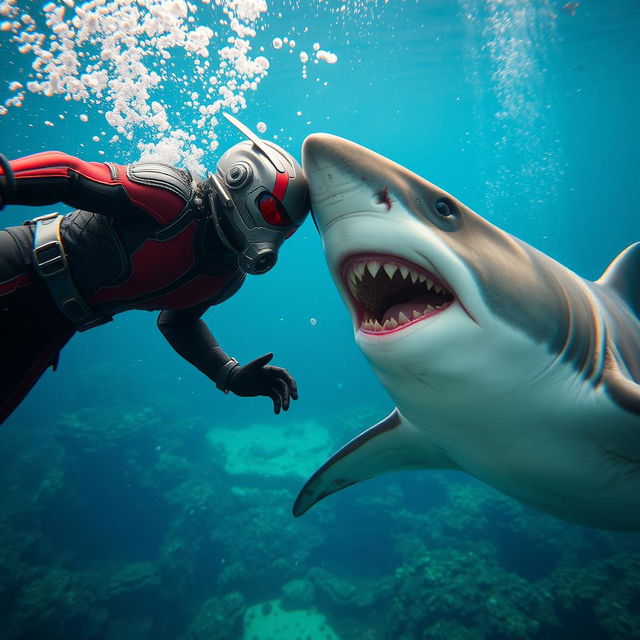 A dynamic and intense underwater scene featuring a large-sized Ant-Man in his iconic red and black suit, diving into the ocean