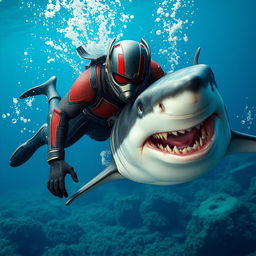 A dynamic and intense underwater scene featuring a large-sized Ant-Man in his iconic red and black suit, diving into the ocean